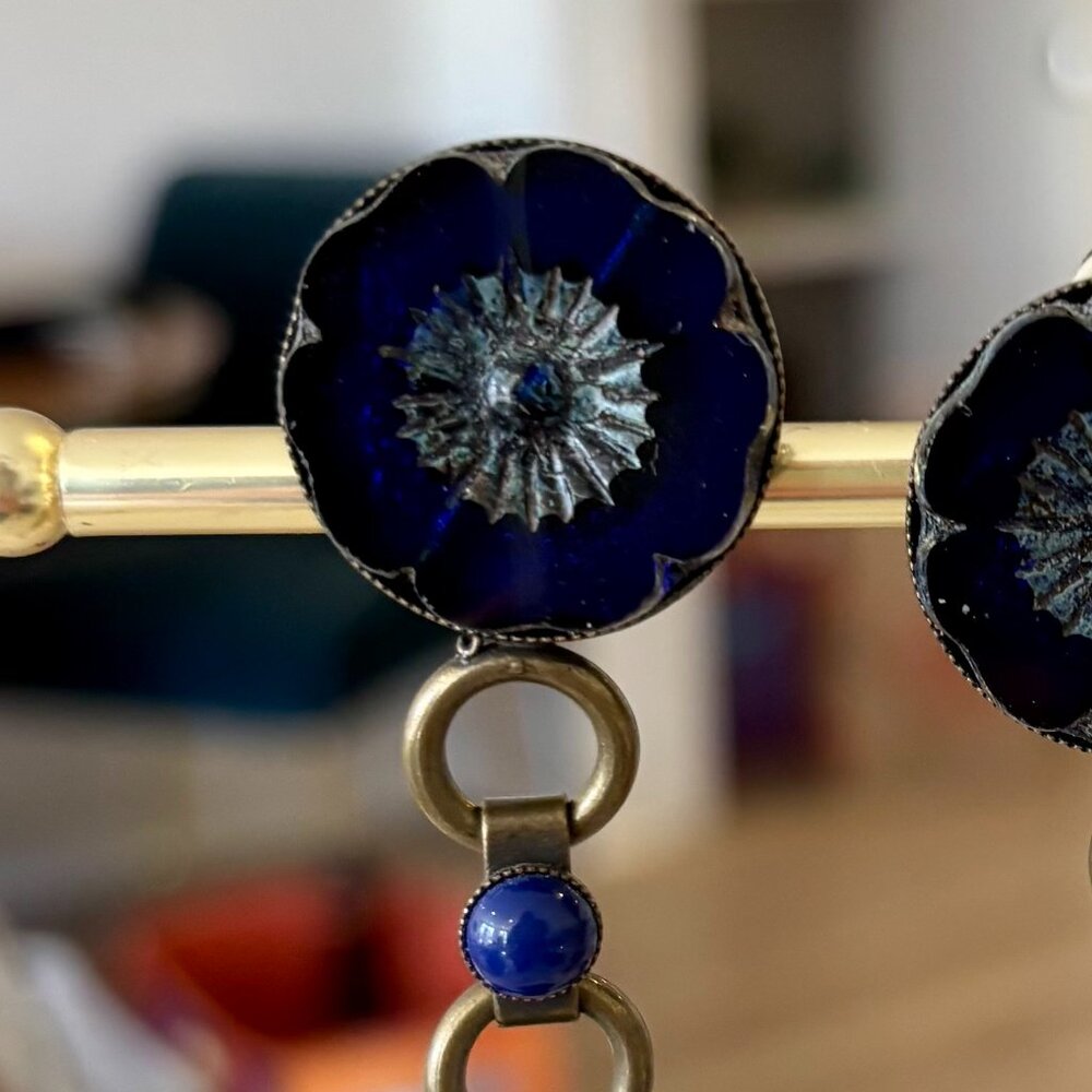 Vintage Blue Flower Drop Earrings, Clip-On - Picture 4 of 5